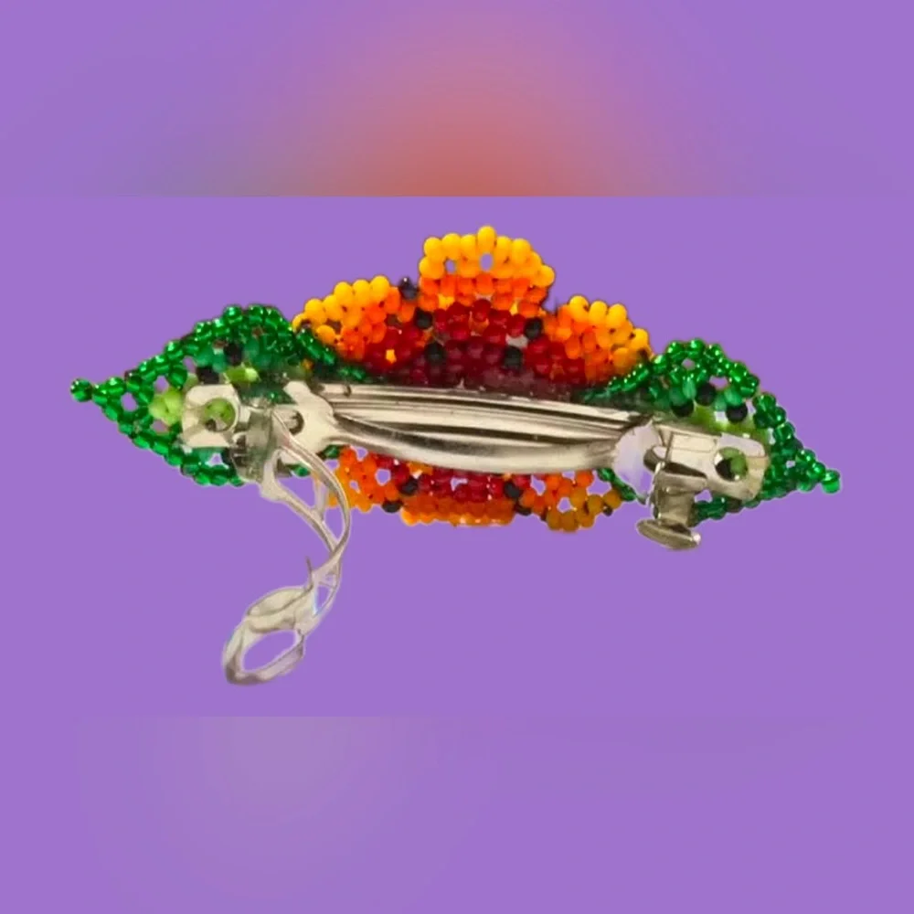 GrandmaMias Fiery Blooming Marigold Glass Seed Beaded French Hair Clip